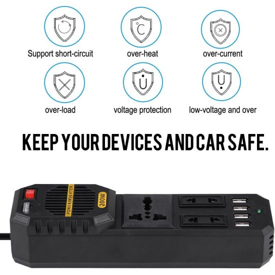 CAR INVERTER D-IV01 عاكس كهربائي للسيارة 200 واط، تيار مستمر 12 فولت الى تيار متردد 220 فولت مع 4 منافذ USB ولاعة سجائر