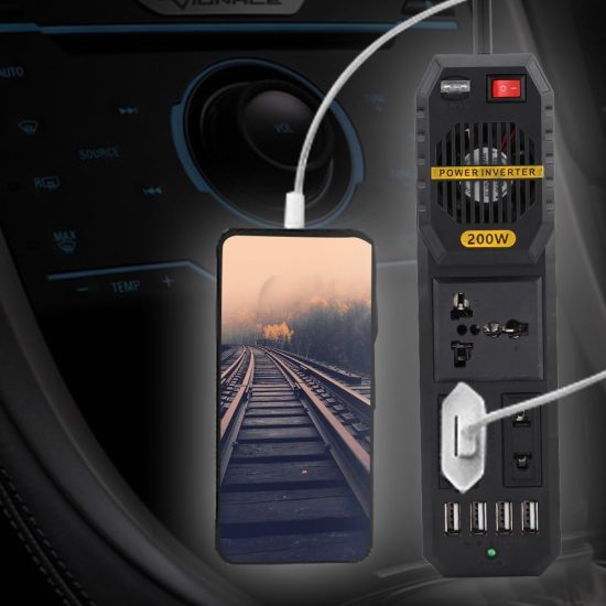 CAR INVERTER D-IV01 عاكس كهربائي للسيارة 200 واط، تيار مستمر 12 فولت الى تيار متردد 220 فولت مع 4 منافذ USB ولاعة سجائر