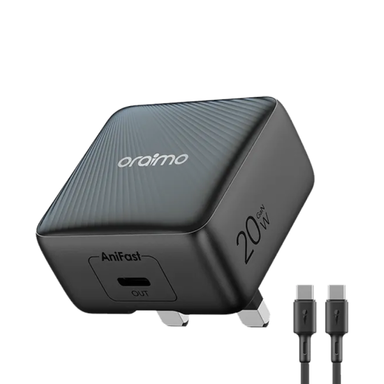 أورايمو شاحن جداري باور كيوب شيك بتقنية GaN بمنفذ USB-C وبقوة 20 واط مع كيبل شاحن - أسود