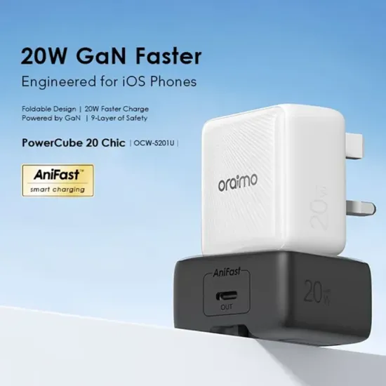 أورايمو شاحن جداري باور كيوب شيك بتقنية GaN بمنفذ USB-C وبقوة 20 واط مع كيبل شاحن - أسود