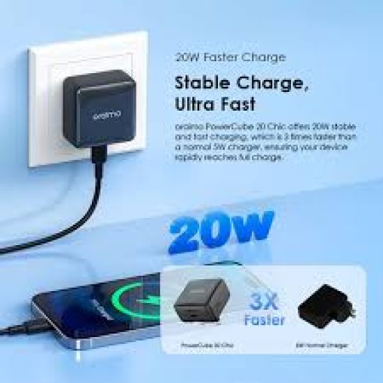 أورايمو شاحن جداري باور كيوب شيك بتقنية GaN بمنفذ USB-C وبقوة 20 واط مع كيبل شاحن - أسود