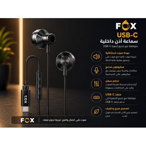 سماعة أذن سلكية تايب سي من نوع FOX CORE، FC-312 سماعة أذن سلكية تايب سي من نوع FOX CORE، FC-312