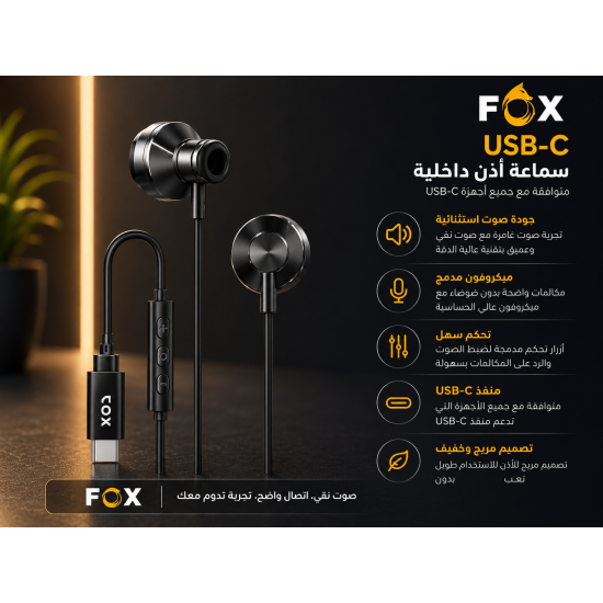 سماعة أذن سلكية تايب سي من نوع FOX CORE، FC-312