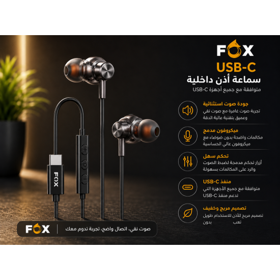 سماعة أذن سلكية ربل تايب سي من نوع FOX CORE، FC-313