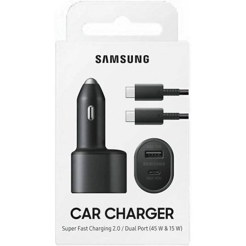 شاحن السيارة الثنائي السريع للغاية من سامسونج مع كيبل تايب سي (Samsung Super Fast Dual Car Charger)، 