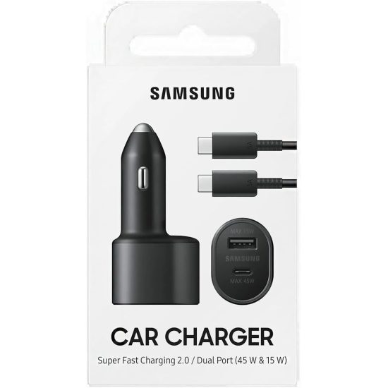شاحن السيارة الثنائي السريع للغاية من سامسونج مع كيبل تايب سي (Samsung Super Fast Dual Car Charger)، 