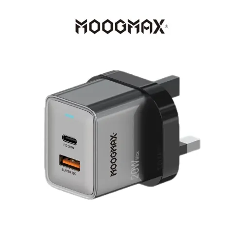 MOOGMAX شاحن جداري 20 واط. شاحن سريع وامان ضد الجهد الزائد. شاحن جداري بمنفذين شحن. يدعم الشحن السريع PD. MOOGMAX شاحن جداري 20 واط. شاحن سريع وامان ضد الجهد الزائد. شاحن جداري بمنفذين شحن. يدعم الشحن السريع PD.