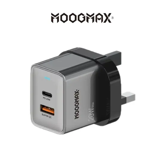 MOOGMAX شاحن جداري 20 واط. شاحن سريع وامان ضد الجهد الزائد. شاحن جداري بمنفذين شحن. يدعم الشحن السريع PD.