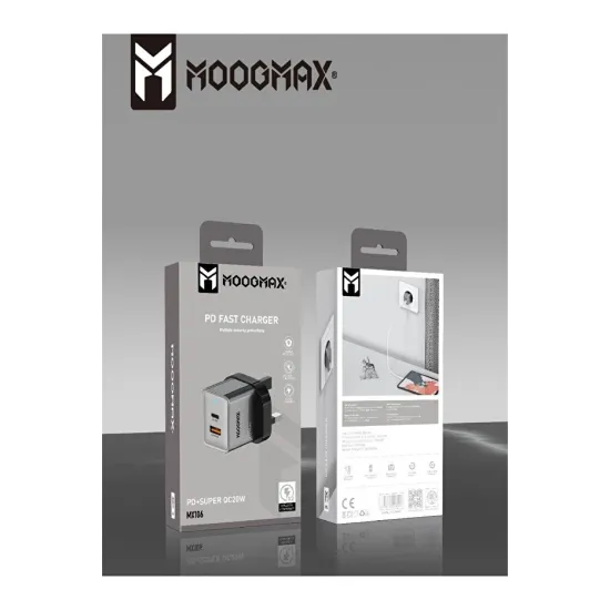 MOOGMAX شاحن جداري 20 واط. شاحن سريع وامان ضد الجهد الزائد. شاحن جداري بمنفذين شحن. يدعم الشحن السريع PD.
