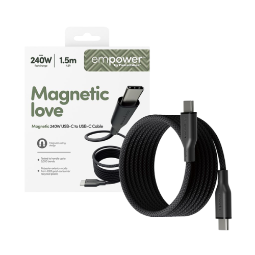 سلك شاحن امباور بانزر جلاس Magnetic من USB-C إلى USB-C بطول 1.5 م وبقوة 240 واط - أسود