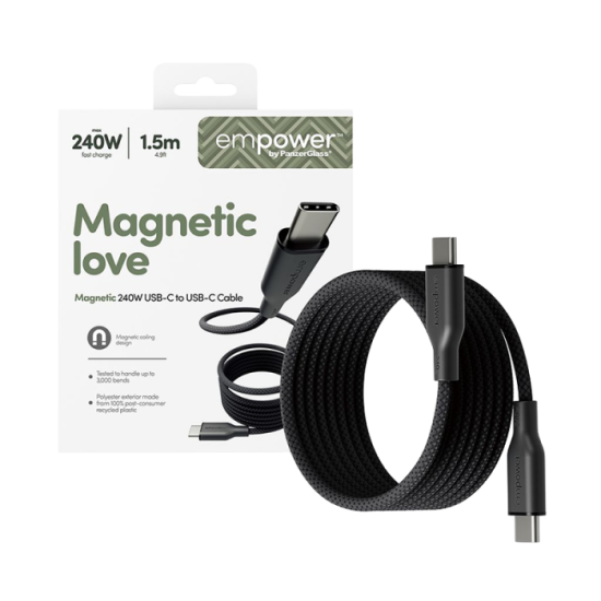 سلك شاحن امباور بانزر جلاس Magnetic من USB-C إلى USB-C بطول 1.5 م وبقوة 240 واط - أسود