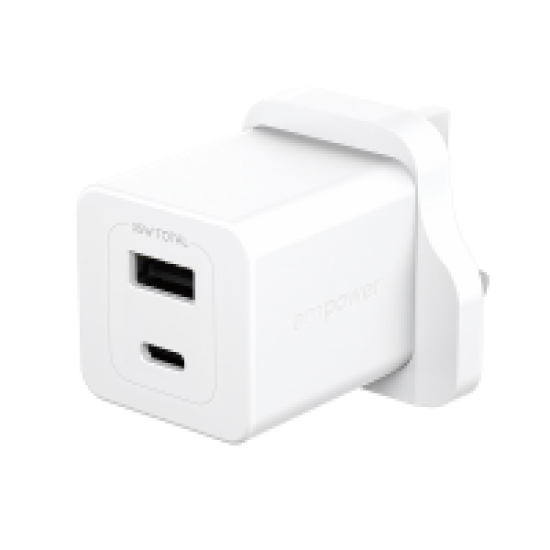 شاحن جداري امباور بانزر جلاس Turbo GaN بمنفذ USB-C ومنفذ USB بقوة 35 واط - أبيض