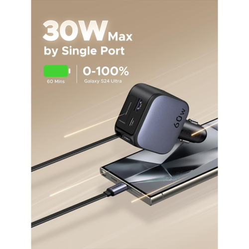 شاحن سيارة يوجرين بسلك قابل للسحب بمنفذ USB-C ومنفذ USB وبقوة 60 واط - رمادي