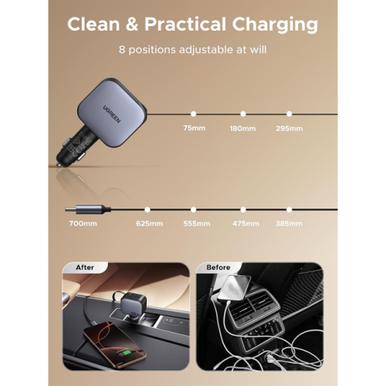 شاحن سيارة يوجرين بسلك قابل للسحب بمنفذ USB-C ومنفذ USB وبقوة 60 واط - رمادي