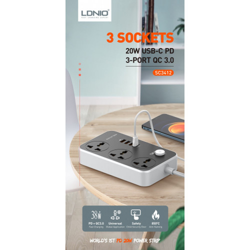 توصيلة 2 متر 3 منافذ USB و منفذ USB-C بخاصية الشحن السريع من LDNIO 