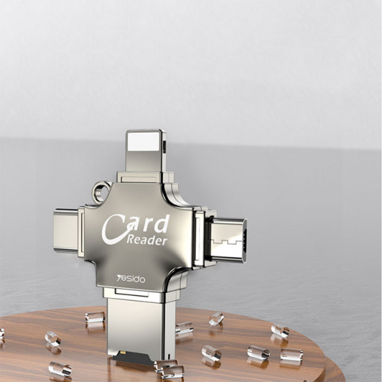يسيدو - Yesido GS13 قارئ بطاقات متعدد الوظائف 4 في 1 مع محول USB3.0 فائق السرعة لنقل البيانات OTG - فضي