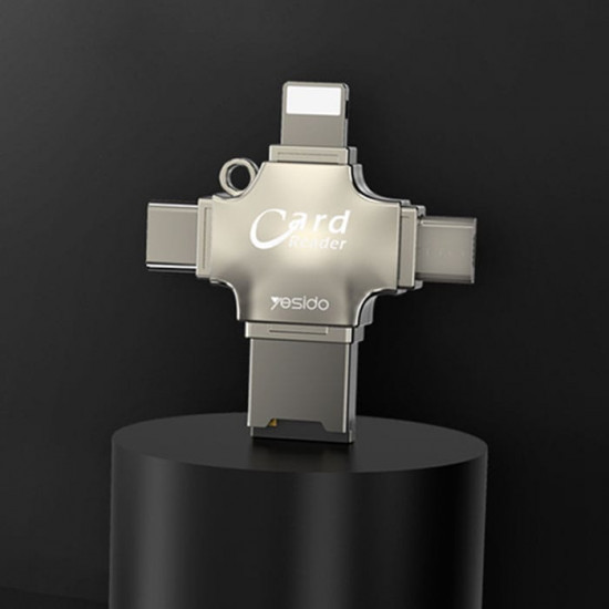 يسيدو - Yesido GS13 قارئ بطاقات متعدد الوظائف 4 في 1 مع محول USB3.0 فائق السرعة لنقل البيانات OTG - فضي