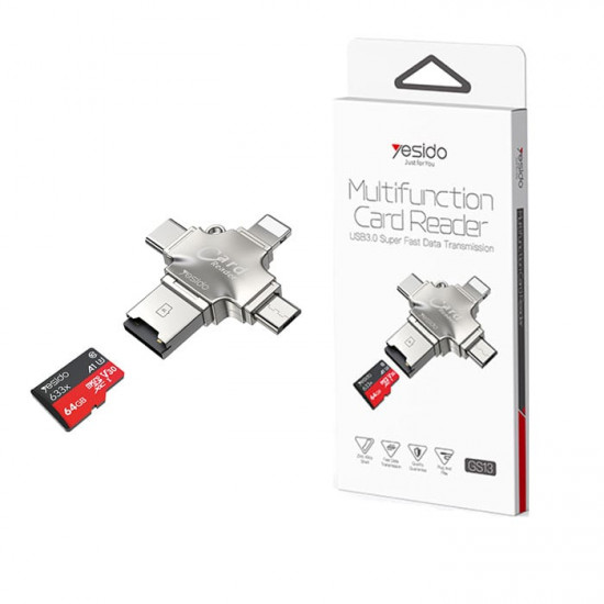 يسيدو - Yesido GS13 قارئ بطاقات متعدد الوظائف 4 في 1 مع محول USB3.0 فائق السرعة لنقل البيانات OTG - فضي