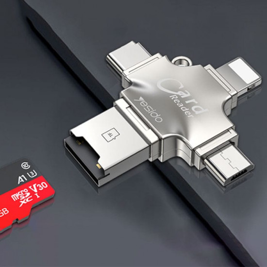 يسيدو - Yesido GS13 قارئ بطاقات متعدد الوظائف 4 في 1 مع محول USB3.0 فائق السرعة لنقل البيانات OTG - فضي