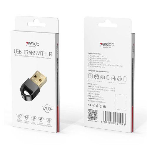  2.4 دونجل محول لاسلكي بلوتوث للهاتف والتلفزيون والكمبيوتر والكمبيوتر المحمول والسيارة Yesido Yau34