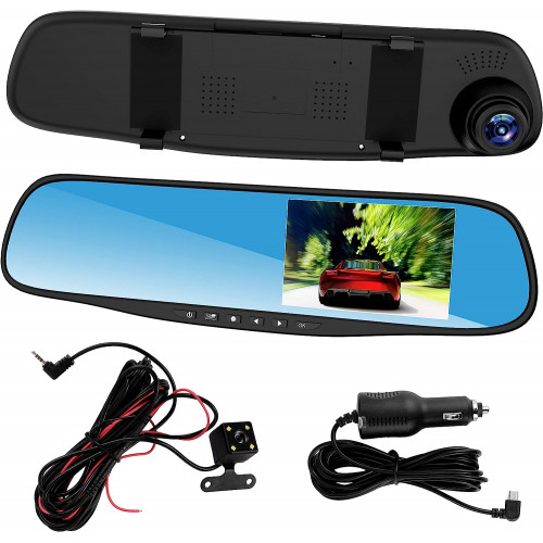  كاميرات داش امامية وخلفية للسيارة، عدسة مزدوجة HD 1080P 4. كاميرا دي في ار لمراة الرؤية الخلفية للسيارة، مقاس 3 انش