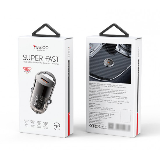 شاحن سيارة صغير مخفي من Yesido Y67 بقوة 45 وات للشحن السريع
