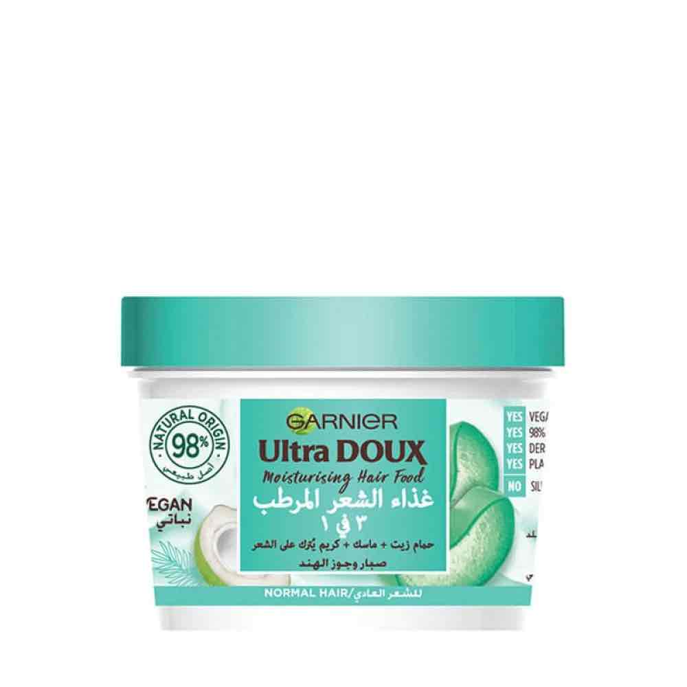 كريم + ماسك + حمام زيت -  الترا دو غذاء الشعر المرطب ٣ في ١ بالصبّار و جوز الهند للشعر العادي - من قارنيه ٣٩٠مل