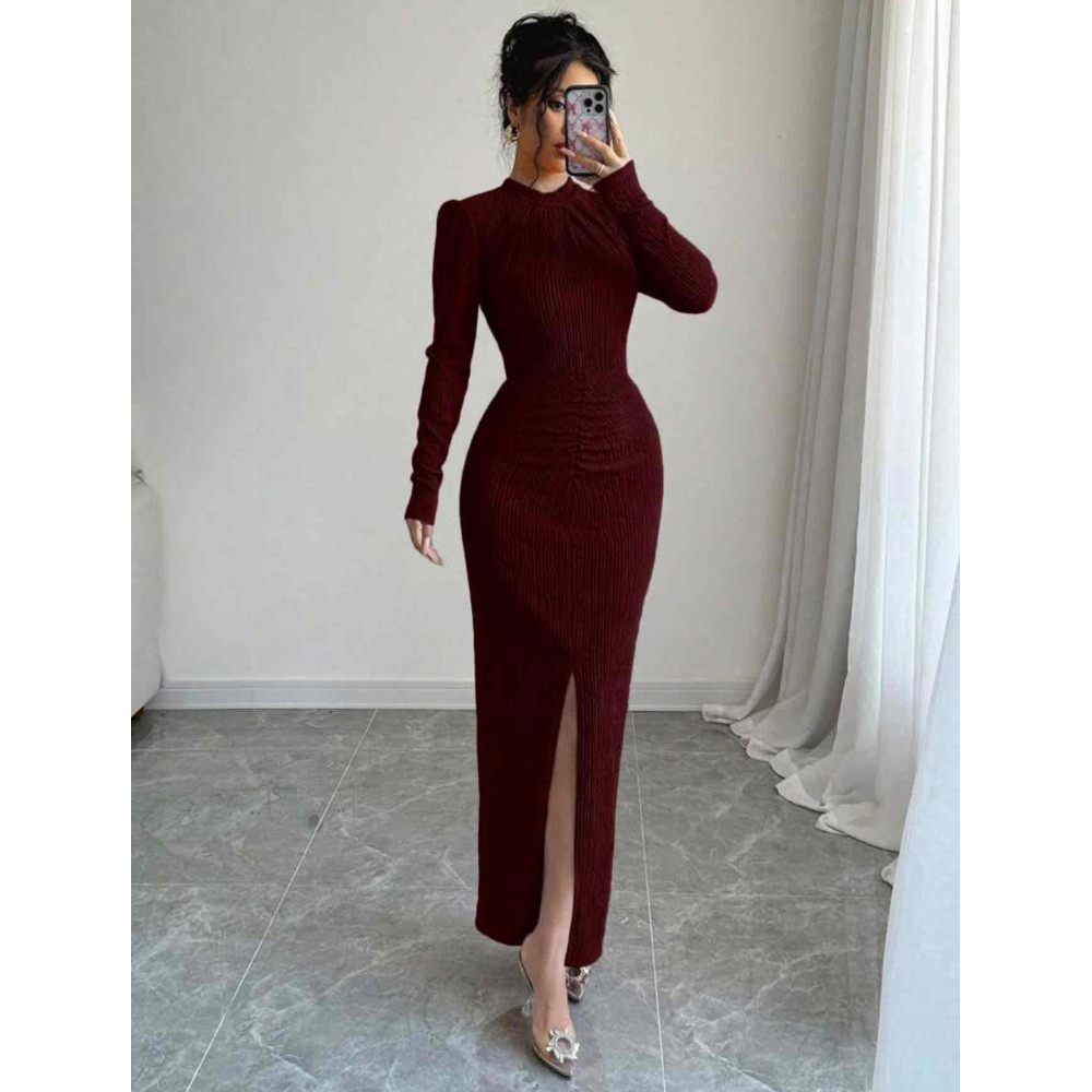 فستان جديد غير مستخدم ،  اكمام طويله رسمي مميز لون احمر خشبي - مقاس M