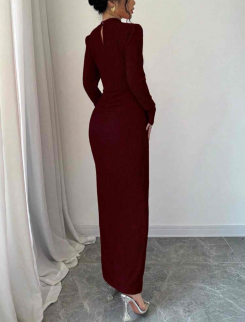 فستان جديد غير مستخدم ،  اكمام طويله رسمي مميز لون احمر خشبي - مقاس M