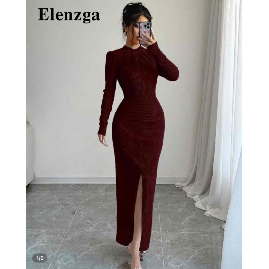 فستان جديد غير مستخدم ،  اكمام طويله رسمي مميز لون احمر خشبي - مقاس M