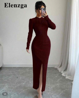 فستان جديد غير مستخدم ،  اكمام طويله رسمي مميز لون احمر خشبي - مقاس M