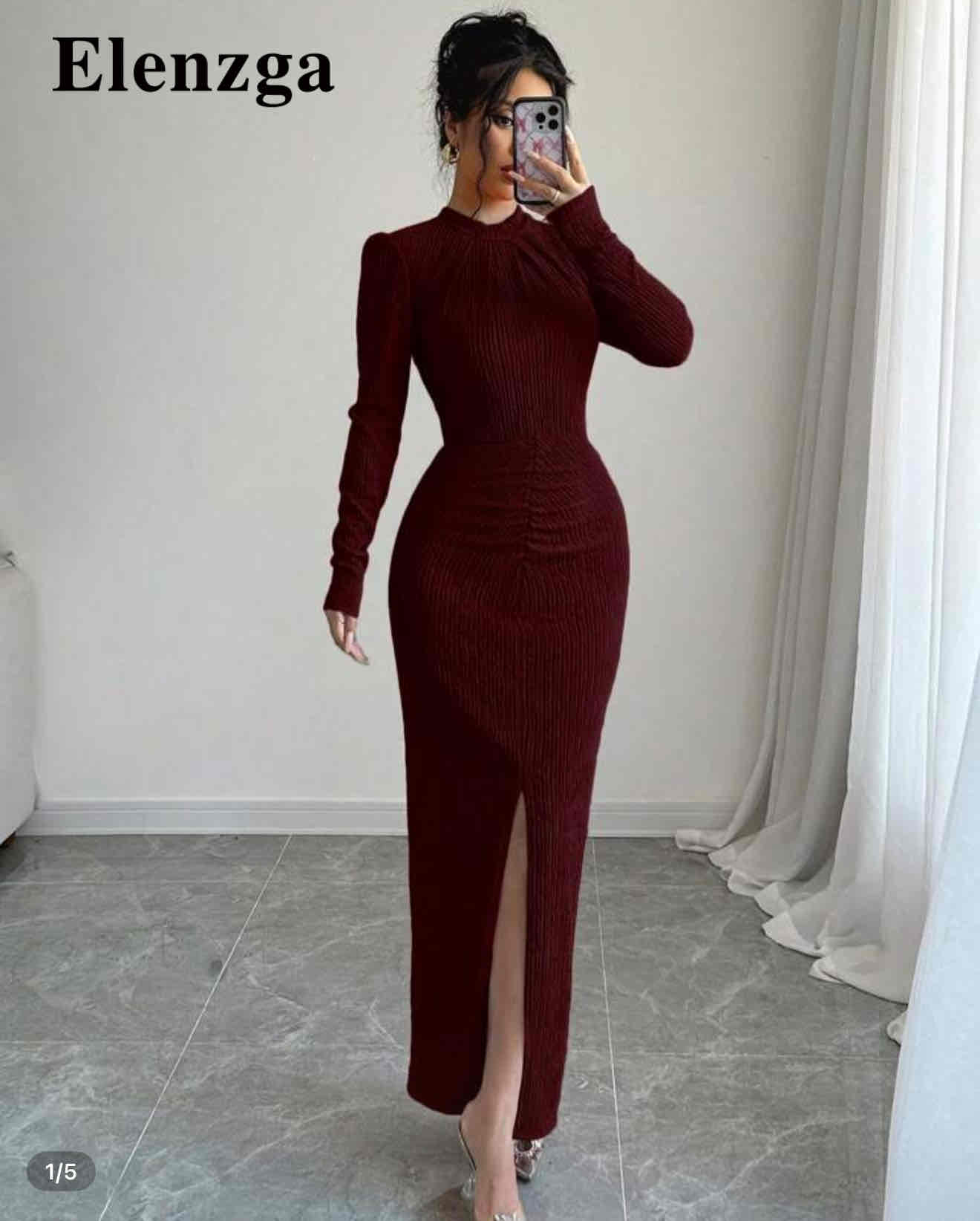 فستان جديد غير مستخدم ،  اكمام طويله رسمي مميز لون احمر خشبي - مقاس M