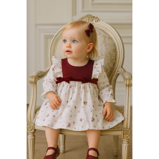 فستان مورد ناعم وأنيق بياقة عنابية وبكلات مخملية للبنات الصغار 240438 