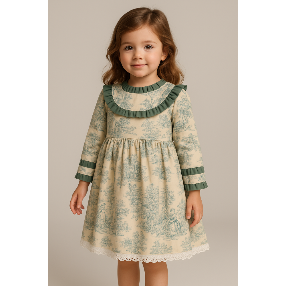 فستان ربيعي سكري بطبعة توال باللون الأخضر 240607 فستان ربيعي سكري بطبعة توال باللون الأخضر 240607