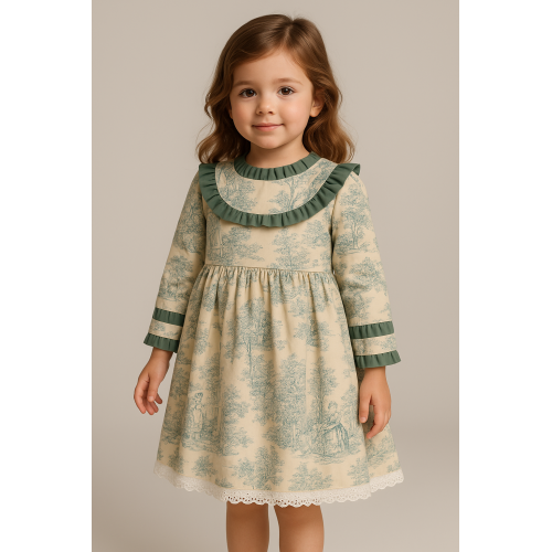 فستان ربيعي سكري بطبعة توال باللون الأخضر 240607