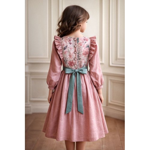 فستان بناتي من اللينن البصلي  وكشكش جانبي – ستايل كلاسيكي راقٍ 240447