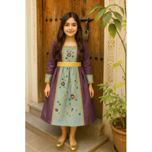 فستان شعبي لينن مطرّز بنقوش ذهبية – لون موف مع أزرق 240454