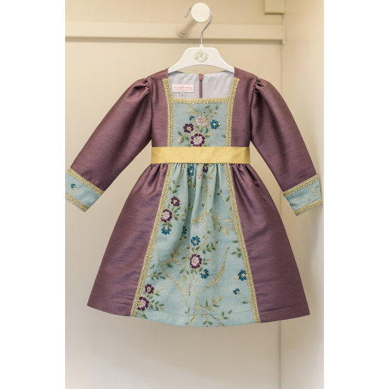 فستان شعبي لينن مطرّز بنقوش ذهبية – لون موف مع أزرق 240454