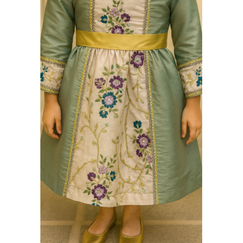 فستان شعبي لينن مطرّز بنقوش ذهبية – لون أخضر زاهي مع وردي 240455 فستان شعبي لينن مطرّز بنقوش ذهبية – لون أخضر زاهي مع وردي 240455