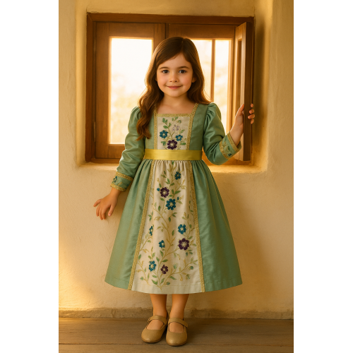 فستان شعبي لينن مطرّز بنقوش ذهبية – لون أخضر زاهي مع وردي 240455