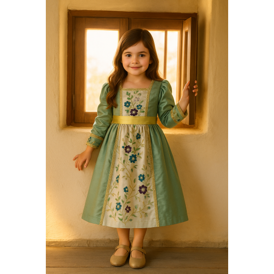 فستان شعبي لينن مطرّز بنقوش ذهبية – لون أخضر زاهي مع وردي 240455
