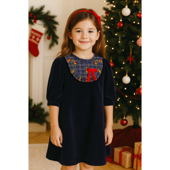 فستان مخملي شتوي لون كحلي 240452