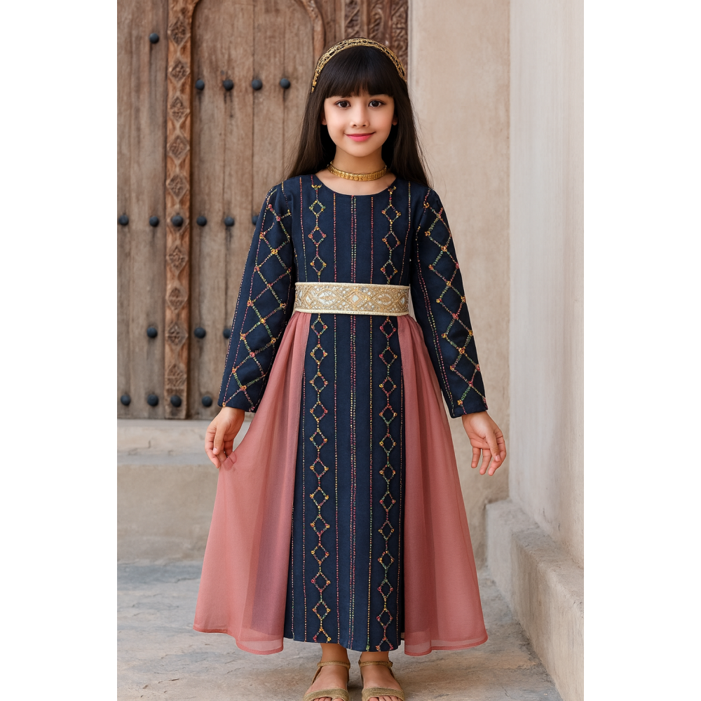 فستان لينن كحلي مطرز تصميم ميدي 240459 فستان لينن كحلي مطرز تصميم ميدي 240459