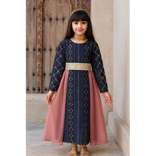 فستان لينن كحلي مطرز تصميم ميدي 240459 فستان لينن كحلي مطرز تصميم ميدي 240459