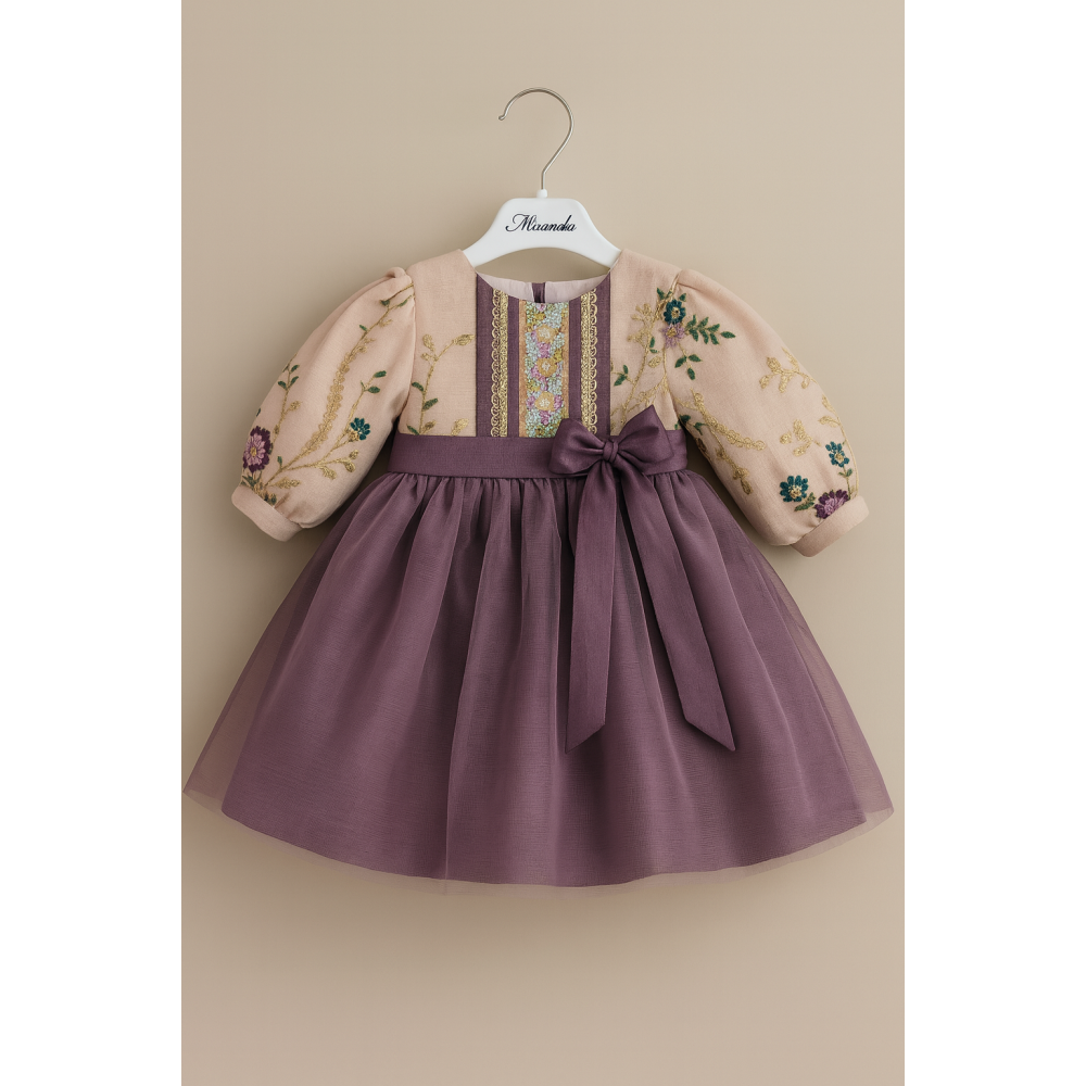 فستان شعبي لينن مطرّز بنقوش ذهبية – لون وردي مع موف 240462 فستان شعبي لينن مطرّز بنقوش ذهبية – لون وردي مع موف 240462