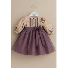 فستان شعبي لينن مطرّز بنقوش ذهبية – لون وردي مع موف 240462