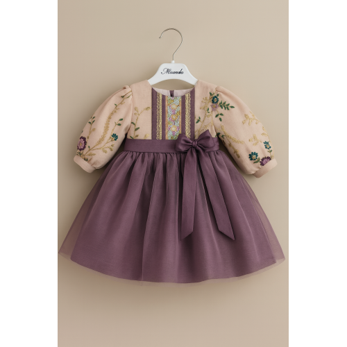 فستان شعبي لينن مطرّز بنقوش ذهبية – لون وردي مع موف 240462 فستان شعبي لينن مطرّز بنقوش ذهبية – لون وردي مع موف 240462