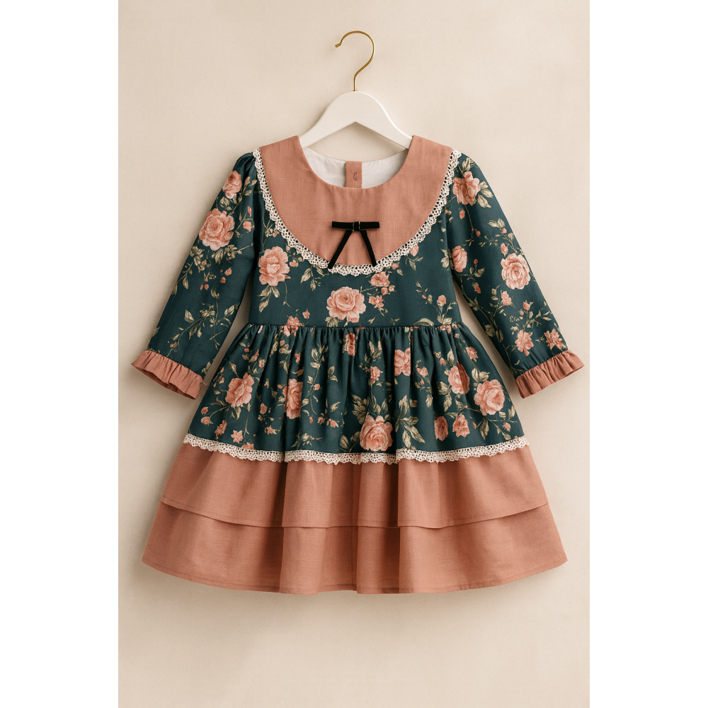 فستان بناتي أخضر مورد – ستايل كلاسيكي  240465