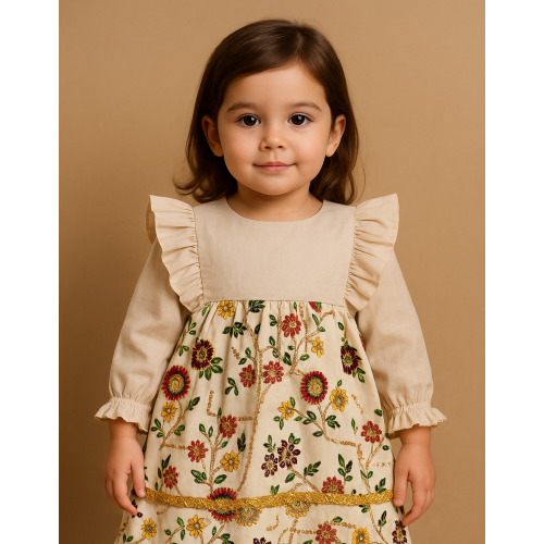 فستان شعبي لينن مطرز ذهبي وورود ملونة بأكمام طويلة 240458 فستان شعبي لينن مطرز ذهبي وورود ملونة بأكمام طويلة 240458