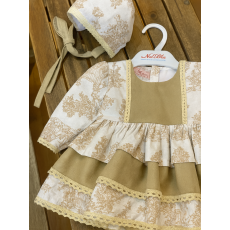 طقم بناتي فستان وقبعة  بنقشة  لون بيج مع تفاصيل دانتيل ناعمة 240466